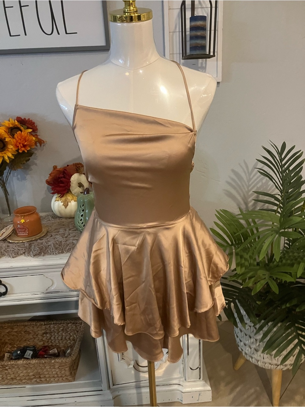 Satin Spaghetti Strap Peplum Chemise in Champagne